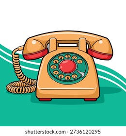 Flat vector illustration of a classic rotary dial telephone. Retro communication device symbolizing vintage technology, nostalgia, analog communication and old-fashioned customer service concepts.