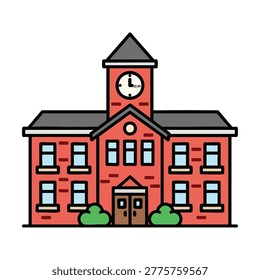 A flat vector illustration of a classic school building with red bricks, a central clock tower, windows, and green bushes in front.
