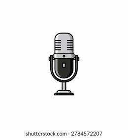A flat vector illustration of a classic studio microphone used for podcasting broadcasting and recording