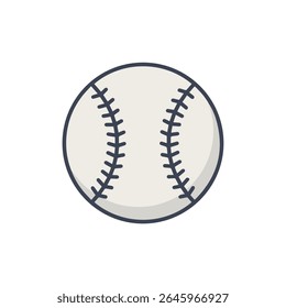 Ilustração de vetor plano de um clássico beisebol branco com costura escura, centrado em um fundo branco limpo. Estilo simples de desenho animado, ideal para gráficos esportivos, marca atlética e mercadorias para fãs