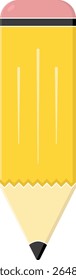 Flat vector illustration of a classic yellow pencil with a pink eraser, black band, and sharpened graphite tip. Simple and bold cartoon style.