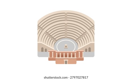 A flat vector illustration of a classical ancient theater featuring a semi-circular seating area and a colonnaded stage structure