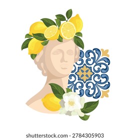 Flat vector illustration of classical sculpture with lemon wreath, citrus flowers and portuguese azulejo tile ornament isolated on white background