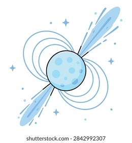 Flat vector illustration with clean outlines showing a pulsar neutron star emitting cosmic energy jets suitable for astronomy textbooks science articles and astrophysics posters