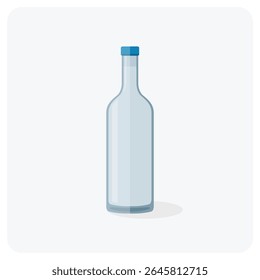 Flat vector illustration of clear glass bottle with blue cap. Transparent water or liquor bottle icon on white background. Perfect for beverage branding, bar, drink menu, and packaging design.