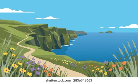 A flat vector illustration of the Cliffs of Moher with a winding path, wildflowers, and the Atlantic Ocean under a clear blue sky.