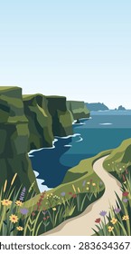 A flat vector illustration of the Cliffs of Moher in Ireland, featuring a winding coastal path surrounded by wildflowers overlooking the blue ocean.