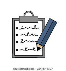 Flat Vector Illustration of a Clipboard with Checklist and Pencil