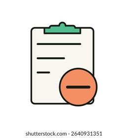 Flat vector illustration of a clipboard with document lines and a bold minus symbol, indicating task removal, deletion, or cancellation - Powered by Shutterstock - Get 15% off with code: PIKWIZARD15