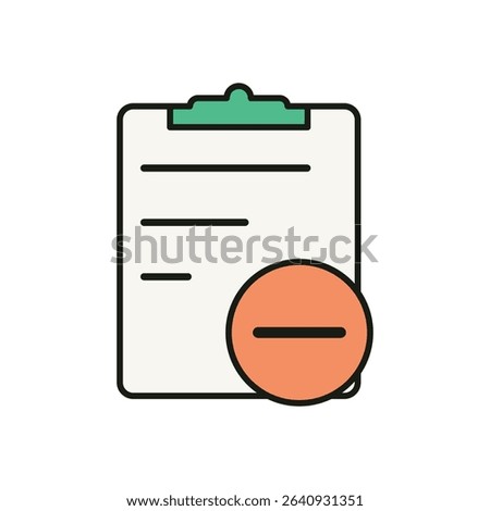 Flat vector illustration of a clipboard with document lines and a bold minus symbol, indicating task removal, deletion, or cancellation