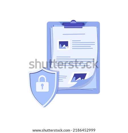Flat vector illustration of clipboard with paper documents and shield with lock. Safe communication, management service page, business tasks and goals concepts. Site, banner and mobile app element.
