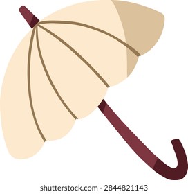 Flat vector illustration of a closed or semi-open beige and maroon umbrella. Perfect for autumn, rainy season graphics, weather icons, fall season fashion accessories, and seasonal design projects.