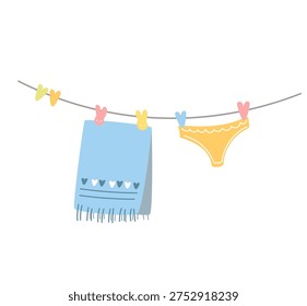 Flat vector illustration of a clothesline with a hanging towel, underwear and colorful clothespins.
