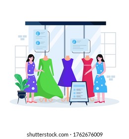 Flat vector illustration of a clothing shop and boutique with people dealing to buy clothes and accessories for landing page, ui, mobile app and website