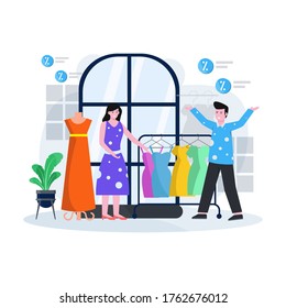 Ilustración vectorial plana de una tienda de ropa y una tienda con personas que venden ropa y accesorios para la página de aterrizaje, ui, aplicación móvil y sitio web