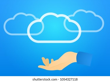 Flat vector illustration Cloud storage hosting blue background with shine and hand