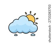 A flat vector illustration of a cloud with a sun peeking from behind, suitable for various commercial uses.
