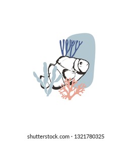 Flat vector illustration - Clown fish with the corals isolated on white background