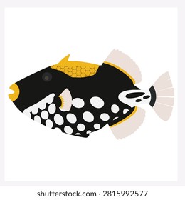 A flat vector illustration of a clown triggerfish with its distinctive black body white spots and yellow accents isolated on a white background