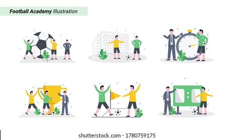 Ilustración vectorial plana del entrenador entrena a participantes de la academia de fútbol, física, habilidad y salud para la página de aterrizaje, ui, aplicación móvil y sitio web
