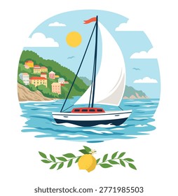 Flat vector illustration of coast, iceland with sailboat, colorful seaside village and sunny Mediterranean landscape. Travel poster style, summer vacation concept, coastal scenery, tourism design. Perfect for kitchen towel design, decor, stickers, greeting cards, branding, kids clothes, girls dress, kids t-shirt, textile, background, paper. 