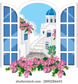 Flat vector illustration of coastal architecture seen through open window with pink bougainvillea flowers.