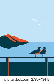 Flat vector illustration of coastal birds resting by the shoreline with calm waters, distant hills, and flying seabirds in a serene natural landscape.