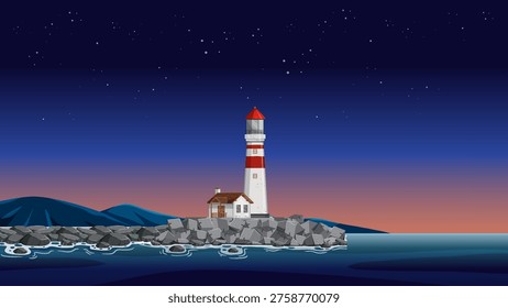 Flat vector illustration of a coastal lighthouse and cottage on rocks under starry night