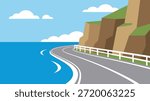 Flat vector illustration of a coastal road running alongside the ocean with cliffs, blue sky, and sea waves. Perfect for travel, summer vacation themes, coastal transportation concepts, scenic routes, backgrounds, and modern vector illustrations.