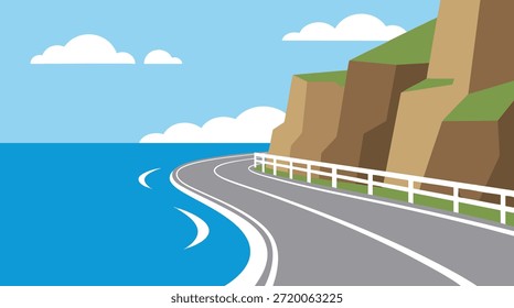 Ilustração vetorial plana de uma estrada costeira que corre ao longo do oceano com falésias, céu azul e ondas do mar. Perfeito para viagens, temas de férias de verão, conceitos de transporte costeiro, rotas cênicas, fundos e ilustrações vetoriais modernas.