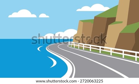 Flat vector illustration of a coastal road running alongside the ocean with cliffs, blue sky, and sea waves. Perfect for travel, summer vacation themes, coastal transportation concepts, scenic routes, backgrounds, and modern vector illustrations.