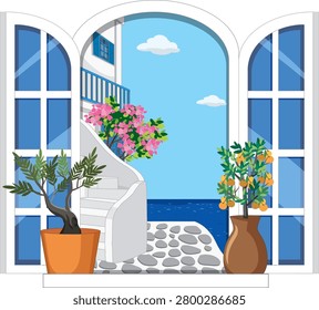 Flat vector illustration of coastal scenery through open window with potted citrus and olive.