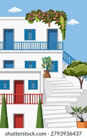 Flat vector illustration of a coastal villa with white walls, blue shutters, and blooming flowers.