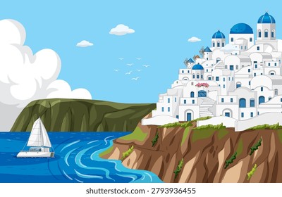 Flat vector illustration of a coastal village with white architecture and blue domes overlooking sea.