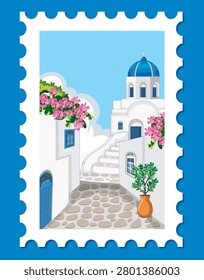 Flat vector illustration of a coastal village street inside a white postage stamp frame.