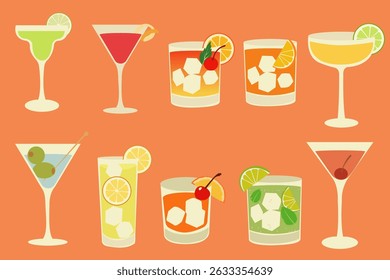 Flat vector illustration of cocktails. Hand drawn alcoholic beverage icons. Summer party drink clipart for bar menu, invitations.	