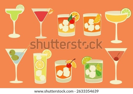 Flat vector illustration of cocktails. Hand drawn alcoholic beverage icons. Summer party drink clipart for bar menu, invitations.	