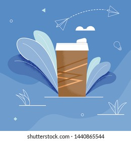 Flat Vector Illustration Coffee cup on Blue Background. Brown Disposable Coffee Cup. Energy Hot Morning Drink. Dishes for Drinking Coffee on Way to Work, Lunch Break. Hot Tea Drink