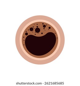 Flat vector illustration of a coffee cup seen from above, showing a dark brew with foam bubbles. Simple and modern style, perfect for apps, menus, icons, and café branding.