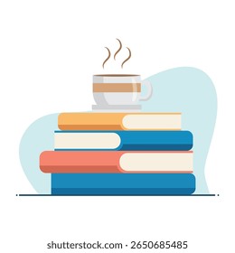 Flat vector illustration of a coffee cup on top of stacked books with soft background. Perfect for education, reading, and cozy lifestyle concepts.