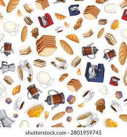 Flat vector illustration of coffee cups, french presses, espresso machines, and assorted bakery items.