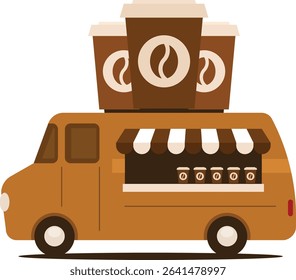 Flat Vector Illustration of Coffee Food Truck with Large Coffee Cups – Mobile Cafe Business