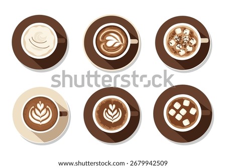 Flat vector illustration of coffee and hot chocolate cups from above, showcasing different styles and toppings.