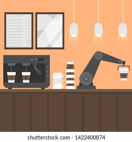 Flat vector illustration coffee house interior with modern robot arm. Futuristic barista machine, cappuccino maker. Cafe and bar equipment