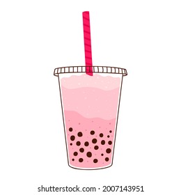 Ilustración vectorial plana de té frío de leche taiwanesa con tapioca en una taza de plástico. Diseño aislado en un fondo blanco.