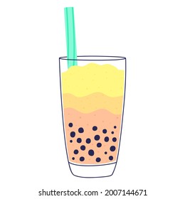 Flat vector illustration of cold Taiwanese milk tea with tapioca in a glass. Isolated design on a white background.