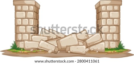 Flat vector illustration of collapsed stone pillars and debris on a white background
