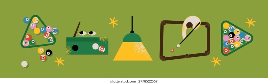 Flat Vector Illustration Collection of Billiards and Pool Equipment Featuring Snooker Tables, Cues, Colorful Numbered Balls in Racks, and Pendant Lamps for Sport Gaming and Leisure Hobby Concept