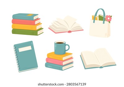 Flat vector illustration collection of books, notebook, coffee mug, tote bag, and reading accessories. Perfect for education, library, bookstore, study, and cozy lifestyle designs.