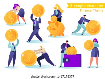 Flat, сartoon, vector Illustration collection. Different successful people characters making money. Business and finance, saving money theme. Career, salary, earnings profit.Corporate business people 